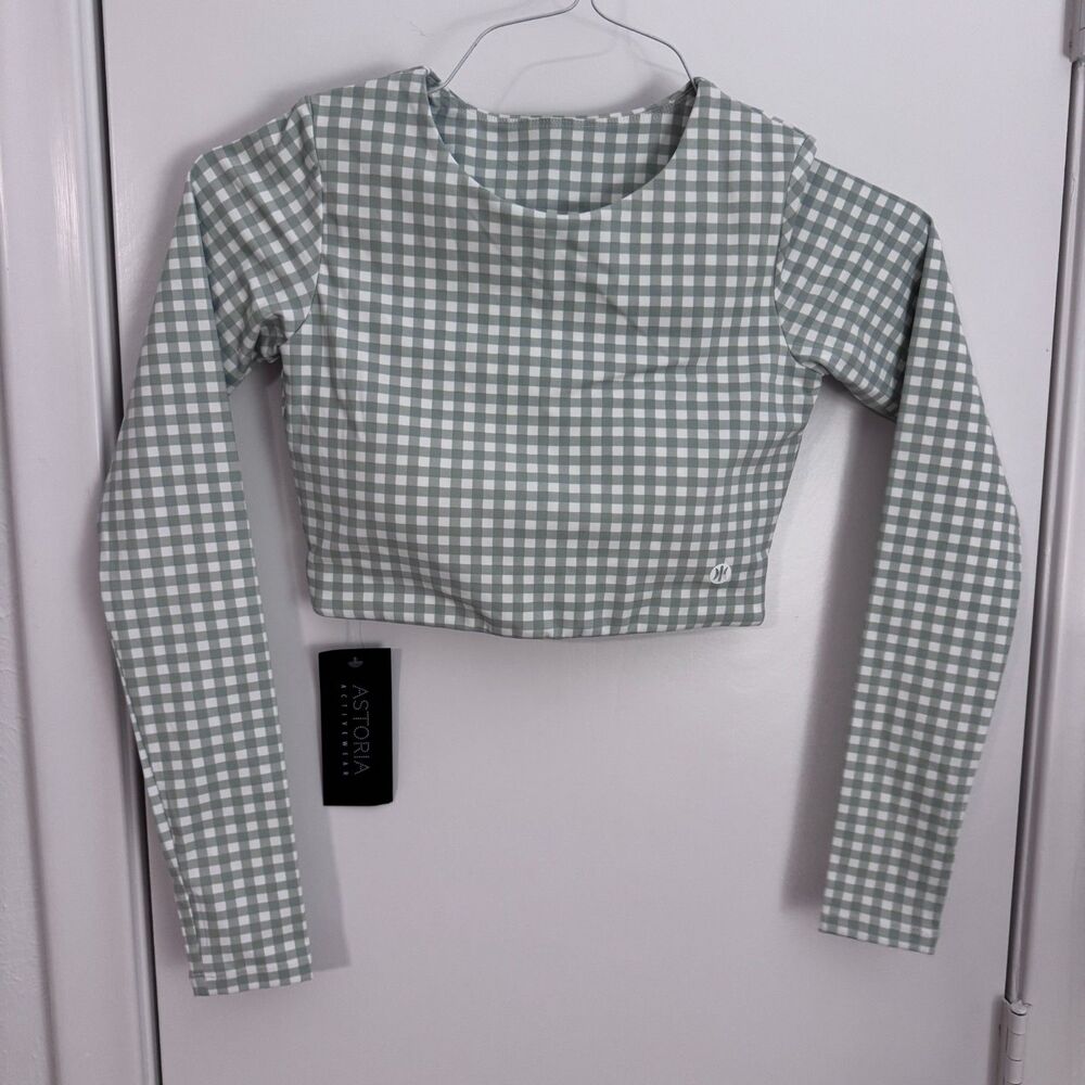 NWT Womens Small Astoria LUXE BALANCE Staple Sleeved Crop - Jade Gingham